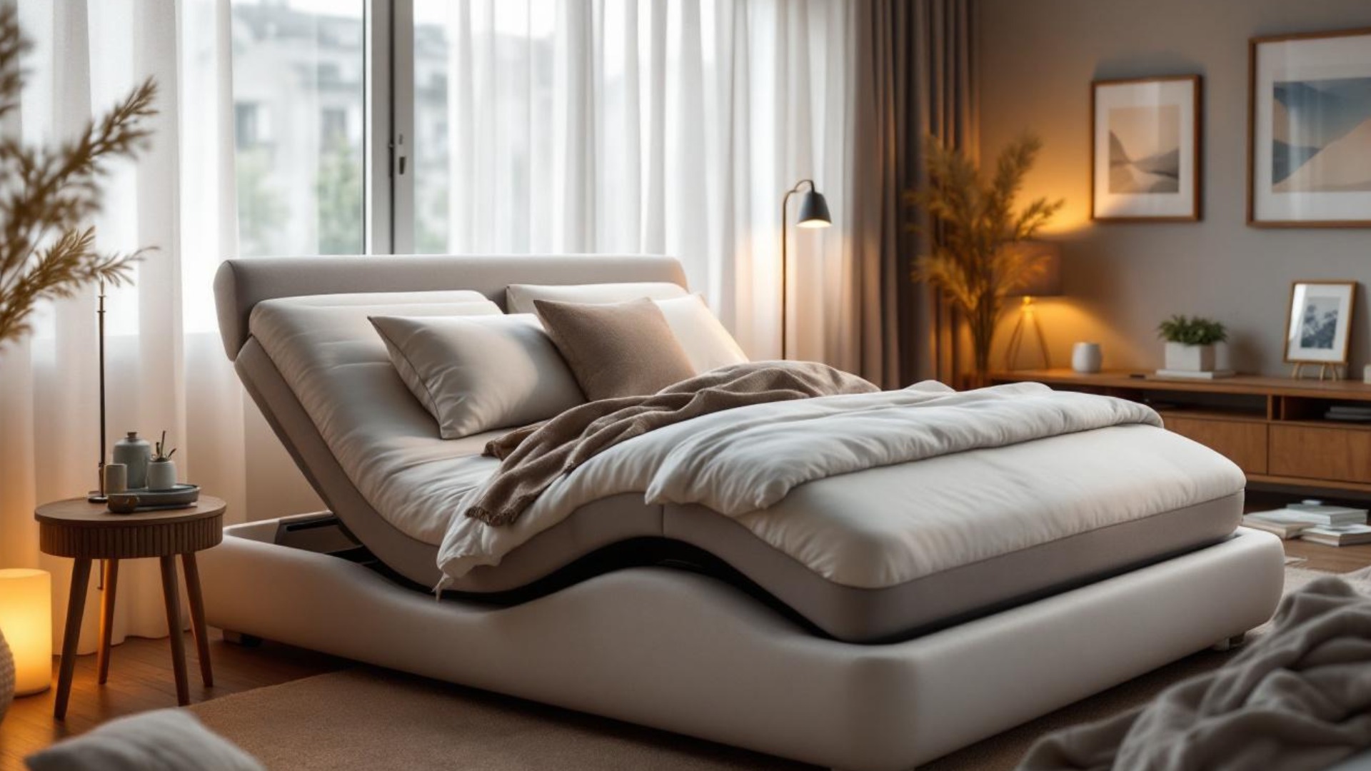 cama articulada con sabanas blancas