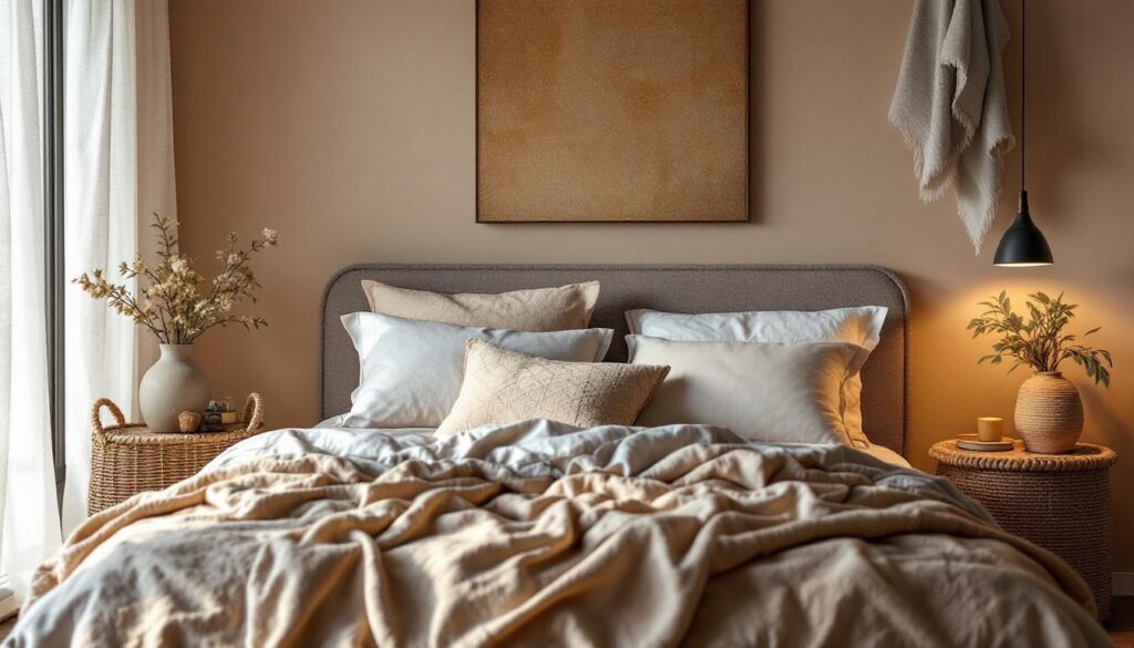 cama con cojines blancos y crema