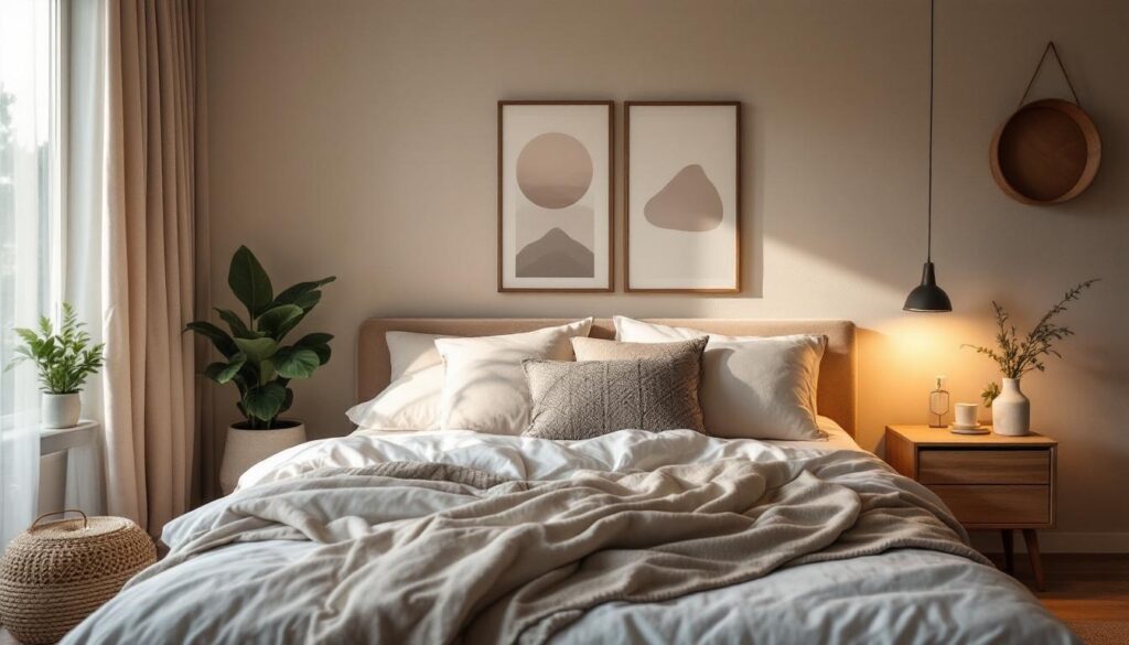 cama con cojines y sabanas color crema