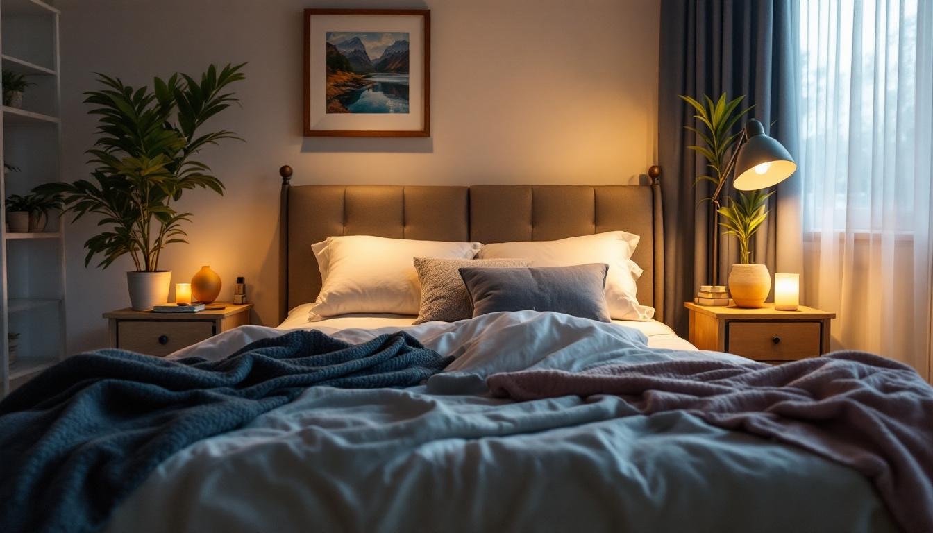 cama con mantas oscuras