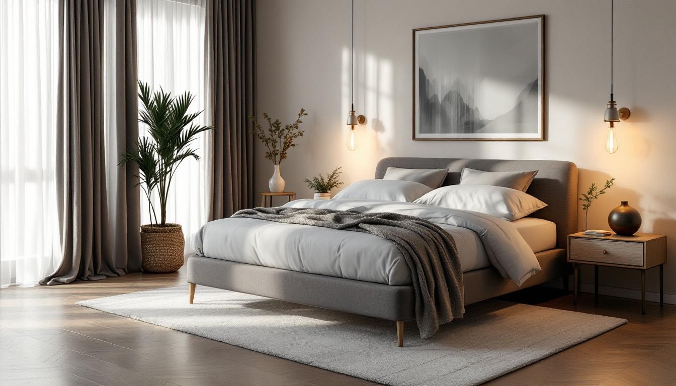 domitorio con cama con cabecero gris