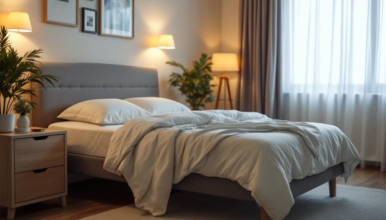 habitacion con cama con cabecero gris