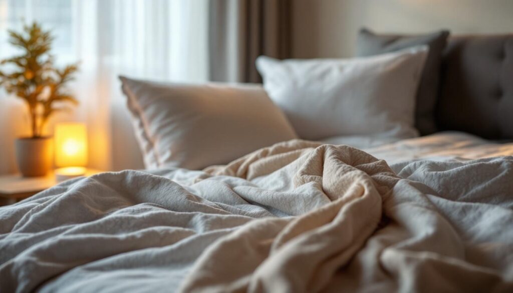 sabanas crema arrugadas en una cama