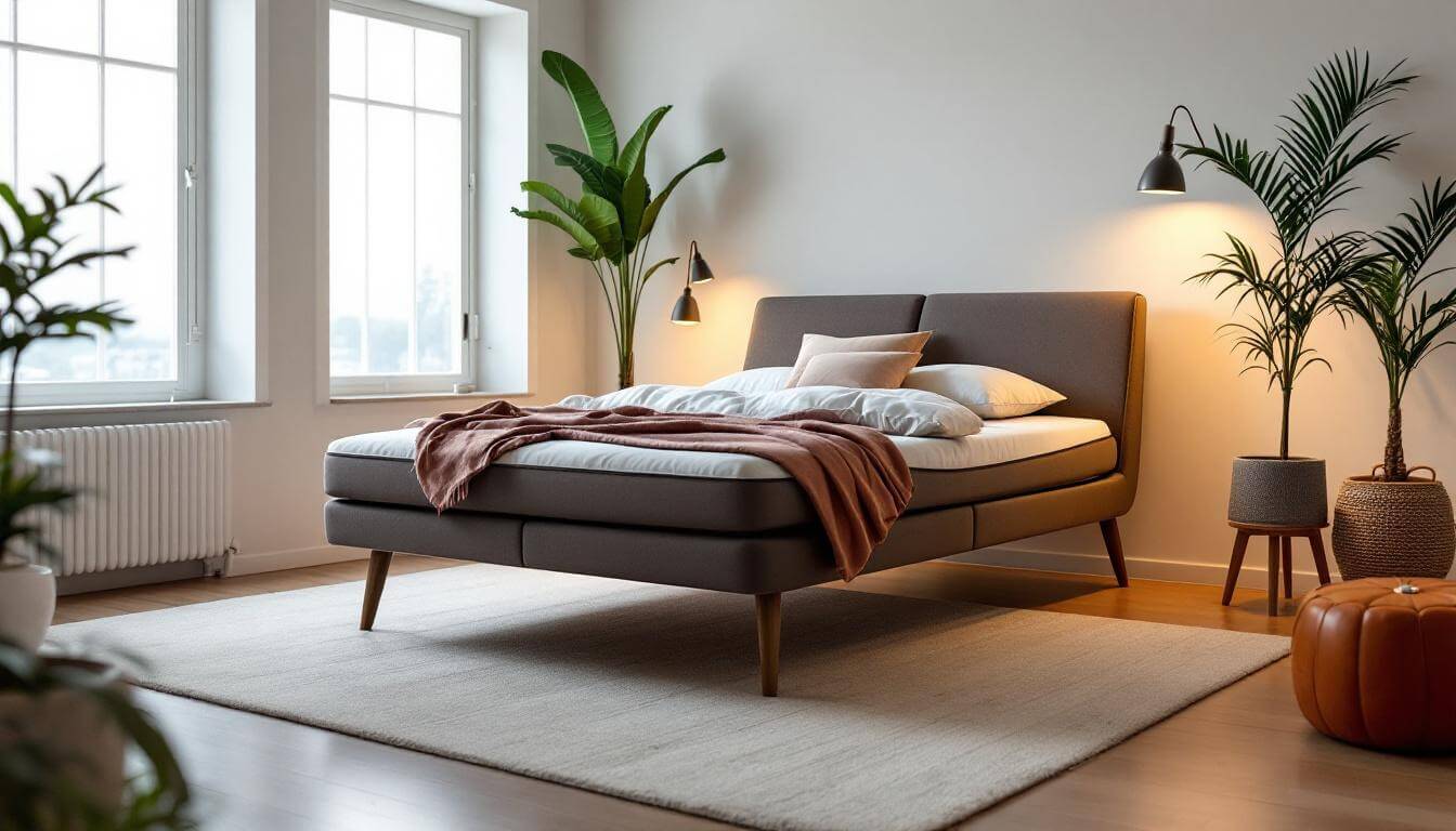 dormitorio con cama y plantas